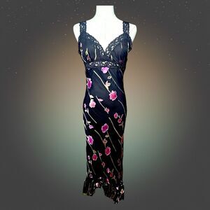 Betsey Johnson Vintage 90s Y2K Black Silk Blend Floral Embroidered Slip Dress M